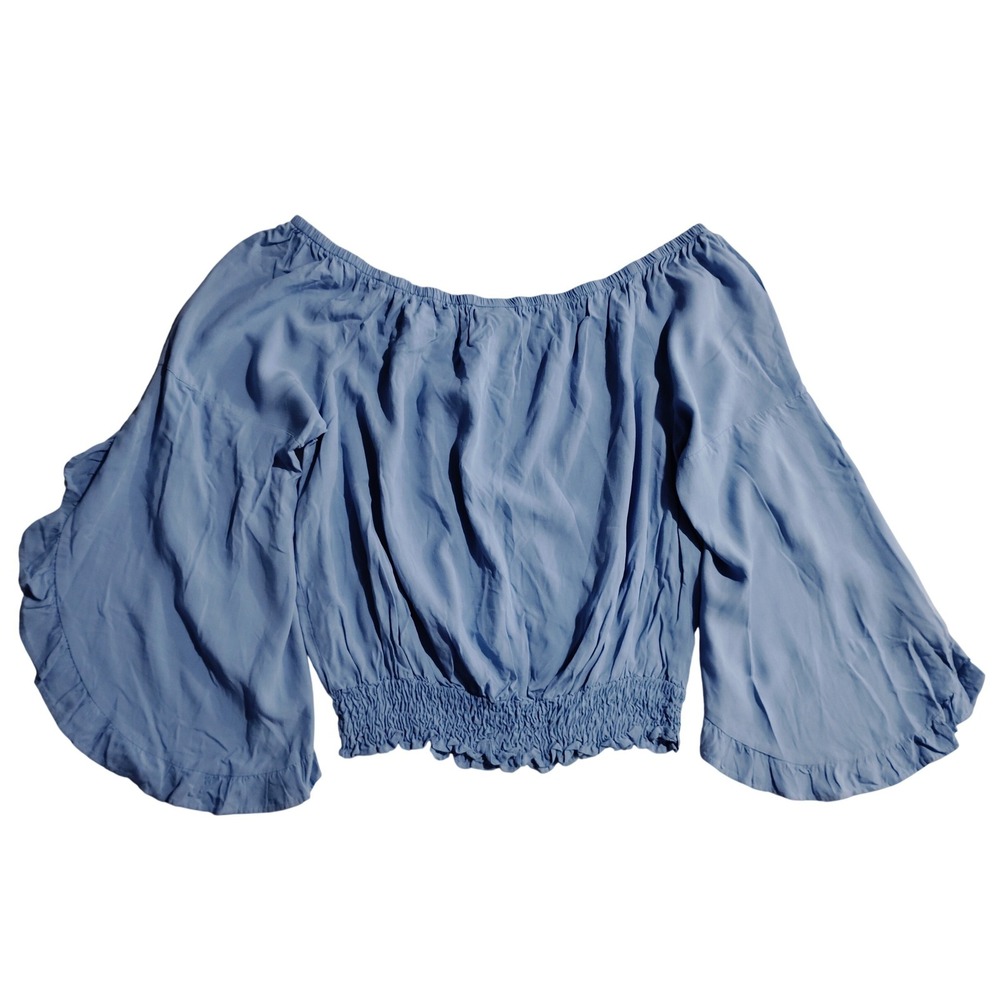 Wrangler Womens Blue Off Shoulder Bell Sleeve Smocked Waist Blouse XXL LW1891B - Picture 2 of 11